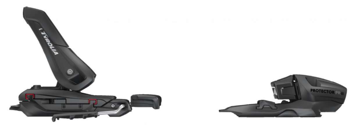 Tyrolia Protector PR 11 Ski Bindings 2024 - Black ski bindings with silver hardware and red accents.