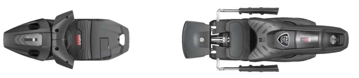 Tyrolia Protector PR 11 Ski Bindings 2024 - Black ski bindings with silver hardware and red logos on top of each binding.