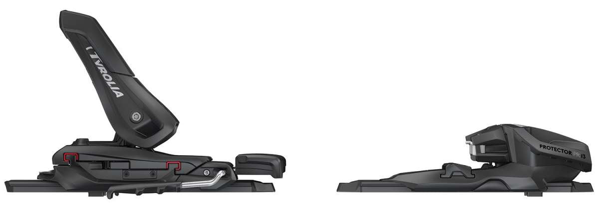 Tyrolia - Protector PR 13 Ski Bindings 2024 are black with red accents and a silver metal piece on the side.