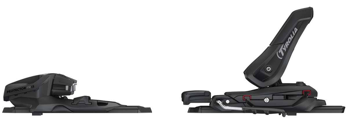 Tyrolia Protector PR 13 Ski Bindings 2024 - Black ski bindings with silver hardware and a red accent on the binding arm.
