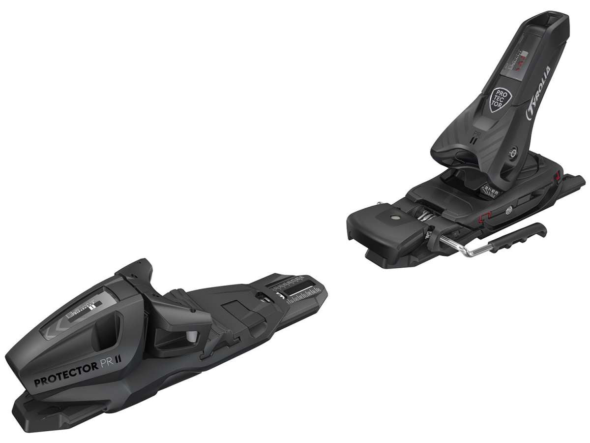 Tyrolia Protector SLR 11 Ski Bindings 2024 - Black ski bindings with silver hardware and a white logo on top.
