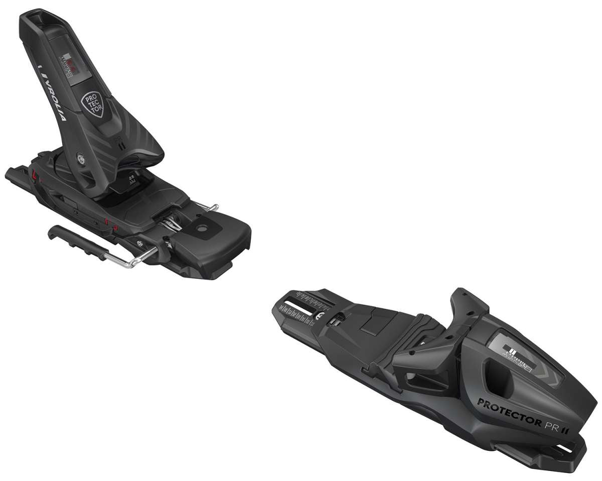 Tyrolia Protector SLR 11 Ski Bindings 2024 - Black ski bindings with silver hardware and red accents.