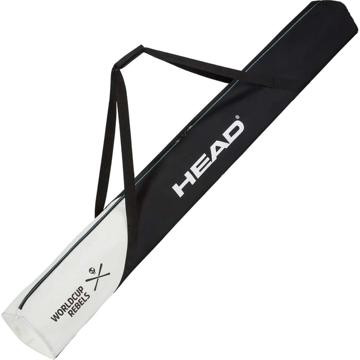 Head Rebels Single Ski Bag 2024 - Black bag with white logo and strap handle, featuring a zippered top and two side pockets.