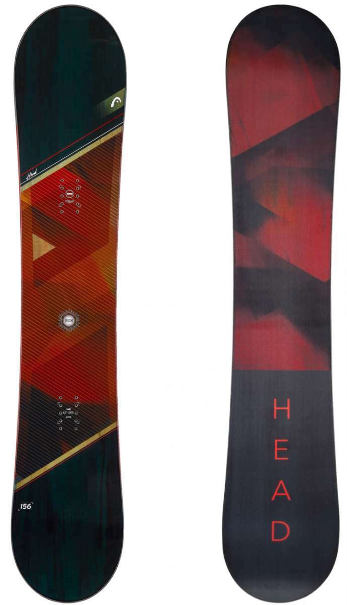 Head Rush Snowboard - A snowboard with a red, black, and gold geometric pattern on its top surface.