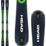 Head V Shape V5 AMT Skis with PR 11 Ski Bindings 2023 - Black skis with green accents and white lettering, featuring a distinctive "V" shape design.