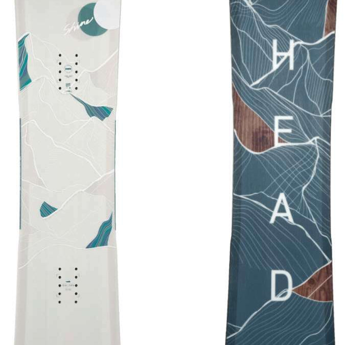 Head Women's Shine LYT Snowboard 2024 - A white snowboard with teal and brown abstract shapes on top of a light gray background.