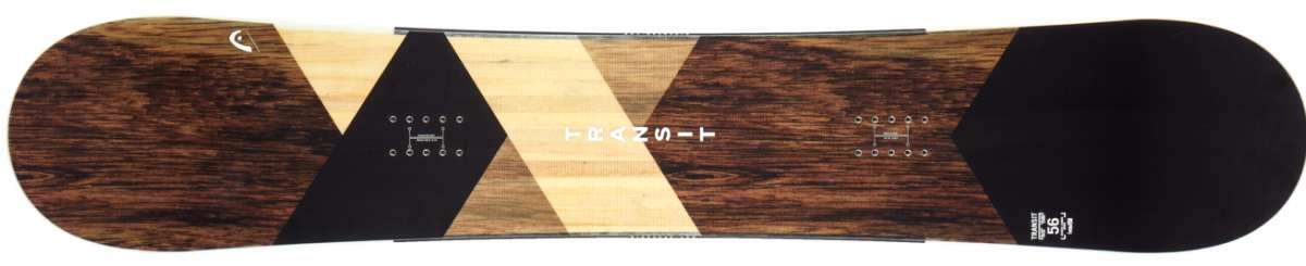 Head Transit Snowboard 2023 - A brown snowboard with a geometric pattern on top of a light-colored wood grain background.
