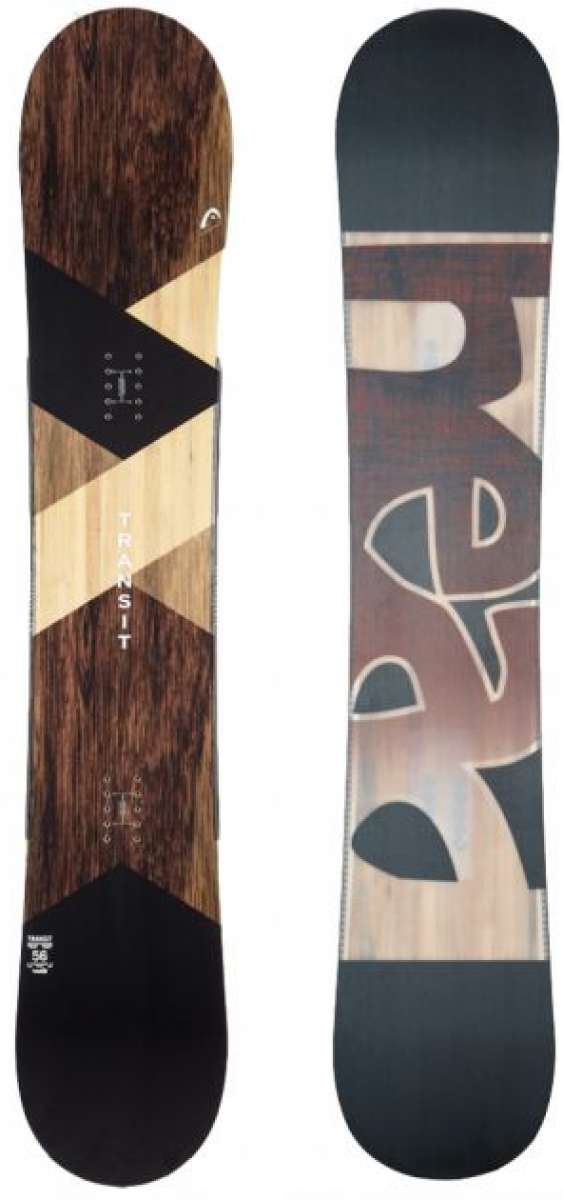 Head Transit Snowboard 2023 - A brown snowboard with a geometric pattern on top and bottom, featuring a black stripe across the middle.
