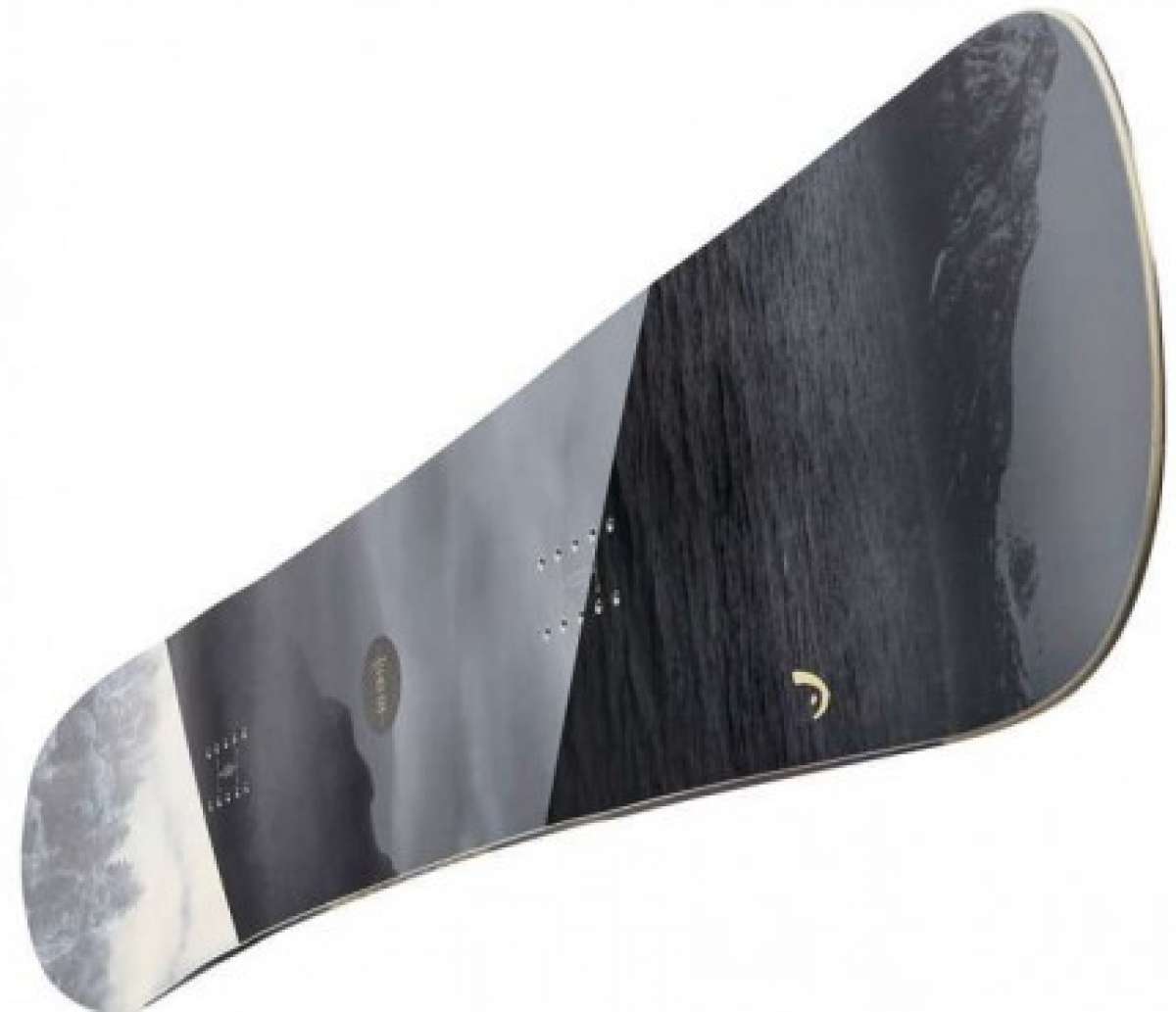 Head True 2.0 Snowboard 2024 - A black and white snowboard with a mountainous landscape design on its top side.