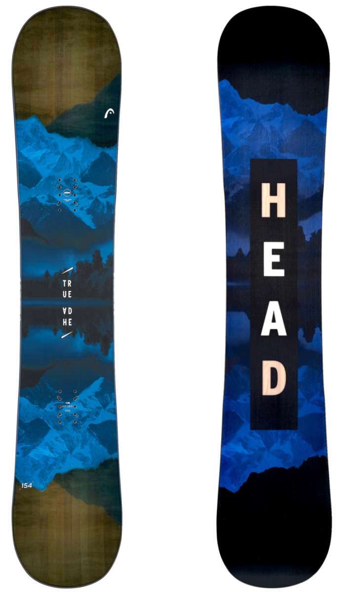Head True 2.0 Snowboard 2024 - A blue and black snowboard with a mountain graphic on it.