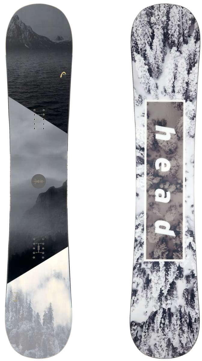 Head True 2.0 Snowboard 2024 - A black and white snowboard with a mountainous landscape design on its top side.