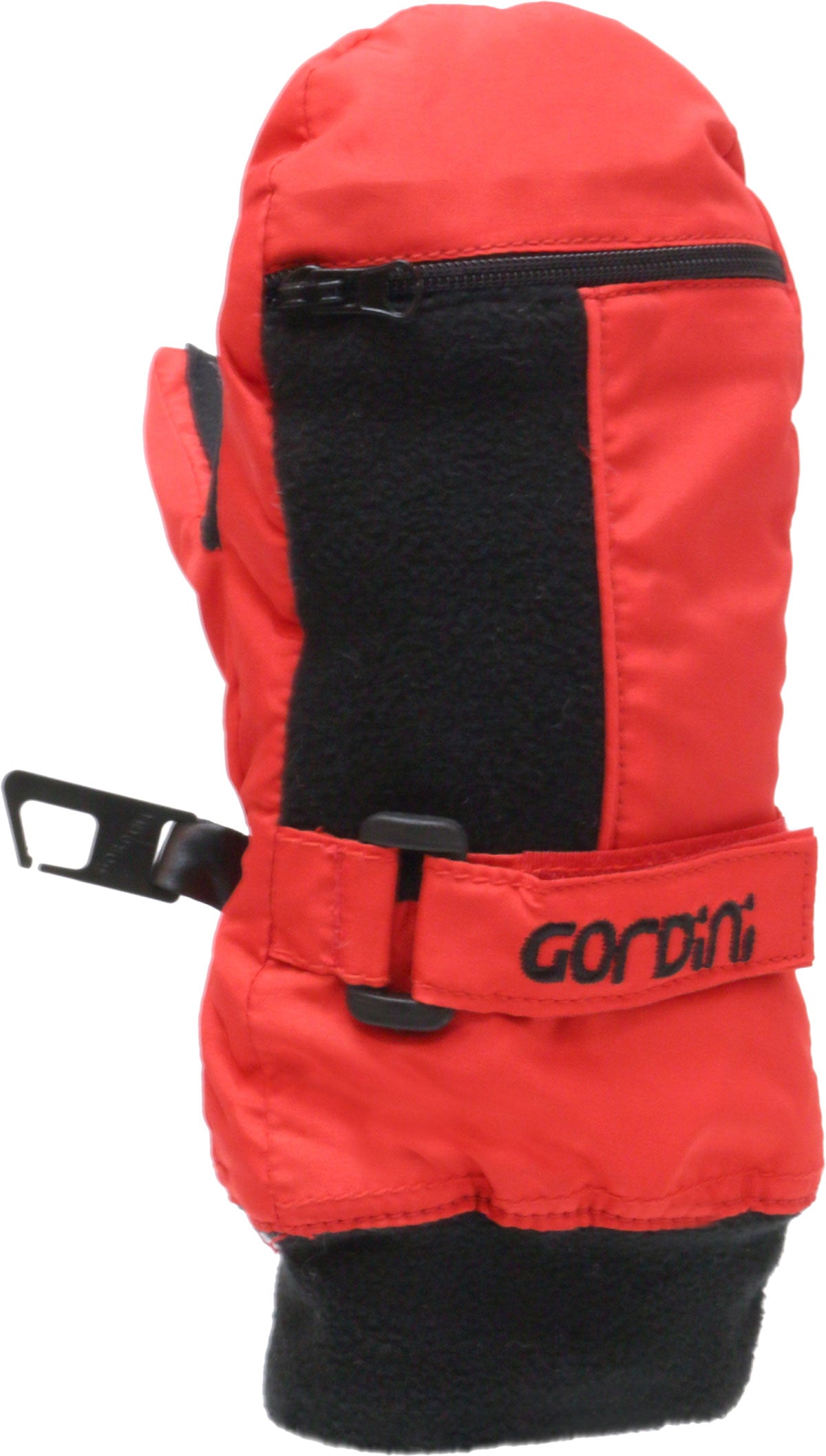 Gordini Kids' Heaterpack II Mitt - A red mitt with a black strap and zipper on the back, featuring a heater pack in the palm area.