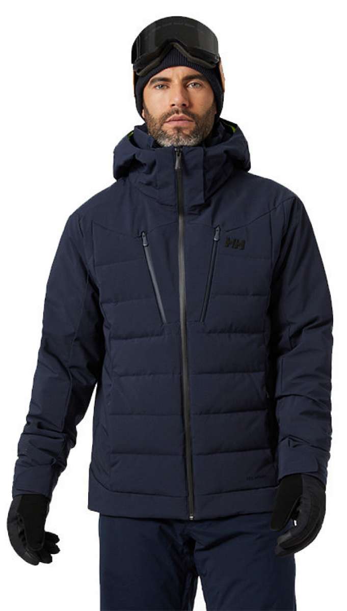 Helly Hansen Rivaridge Infinity Jacket - A navy blue jacket with a hood, zippered pockets and black zippers.