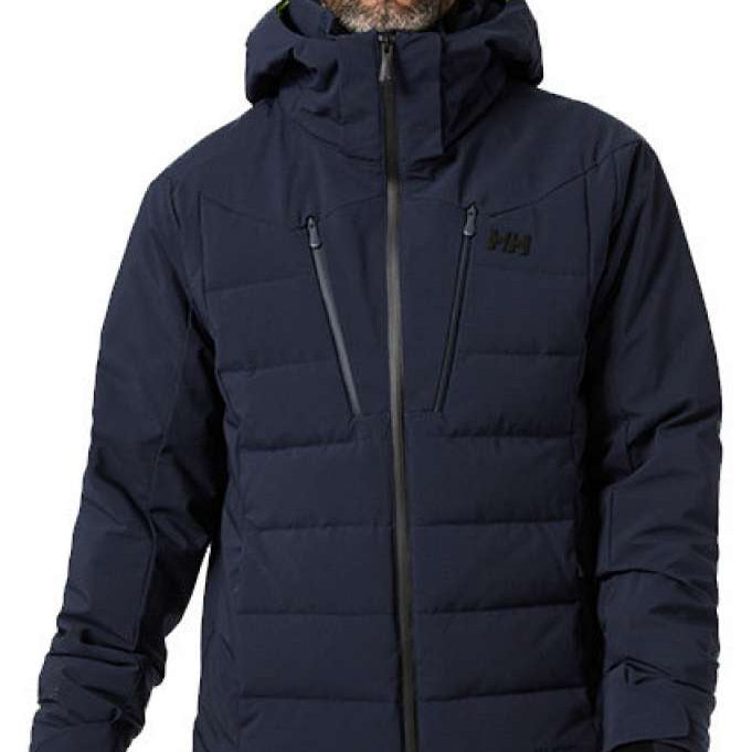 Helly Hansen Rivaridge Infinity Jacket - A navy blue jacket with a hood, zippered pockets and black zippers.