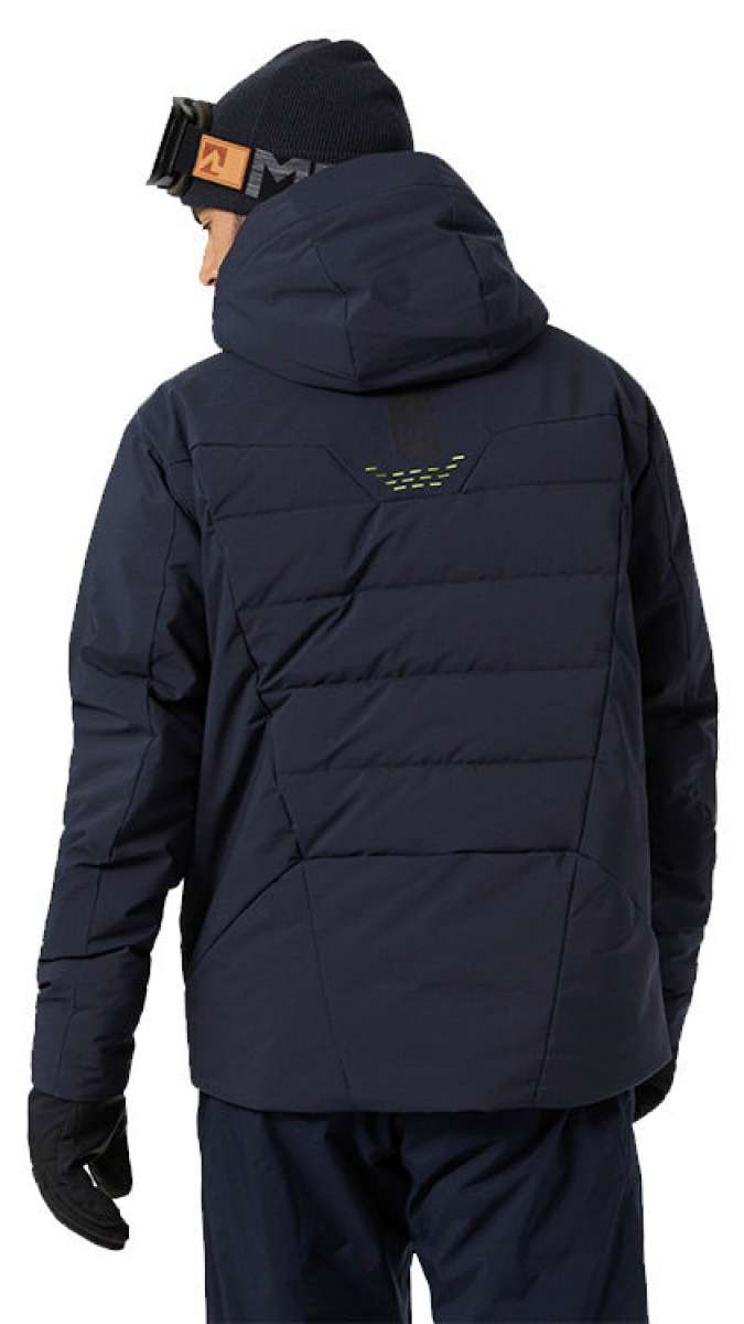 Helly Hansen Rivaridge Infinity Jacket 2024 - A dark blue jacket with a hood, featuring diagonal stitching on the back and a logo embroidered in yellow above it.