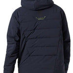 Helly Hansen Rivaridge Infinity Jacket 2024 - A dark blue jacket with a hood, featuring diagonal stitching on the back and a logo embroidered in yellow above it.