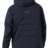 Helly Hansen Rivaridge Infinity Jacket 2024 - A dark blue jacket with a hood, featuring diagonal stitching on the back and a logo embroidered in yellow above it.