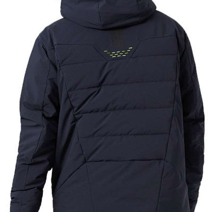 Helly Hansen Rivaridge Infinity Jacket 2024 - A dark blue jacket with a hood, featuring diagonal stitching on the back and a logo embroidered in yellow above it.