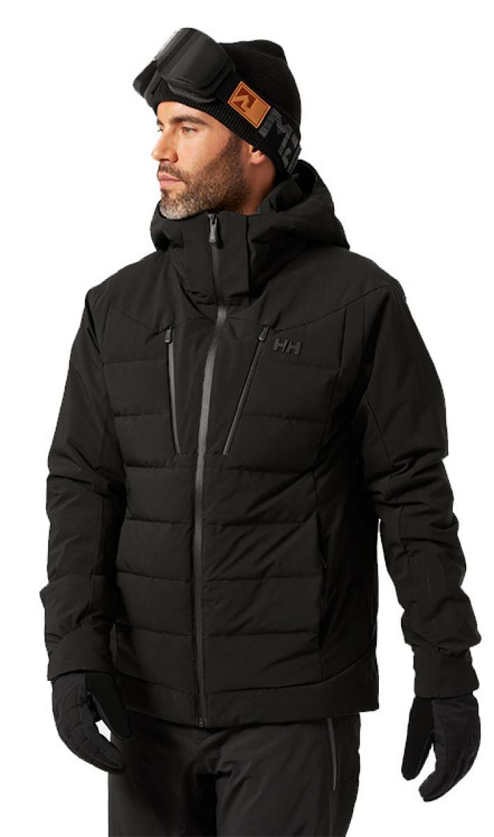 Helly Hansen Rivaridge Infinity Jacket 2024 - A black jacket with a high collar and zippered pockets, featuring a subtle logo on the left chest.