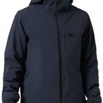 Helly Hansen - A dark blue jacket with a hood, zippered pockets and black zippers.