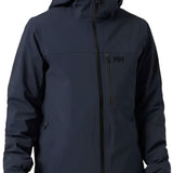 Helly Hansen - A dark blue jacket with a hood, zippered pockets and black zippers.
