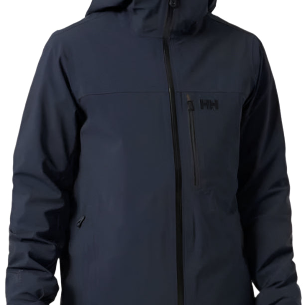 Helly Hansen - A dark blue jacket with a hood, zippered pockets and black zippers.