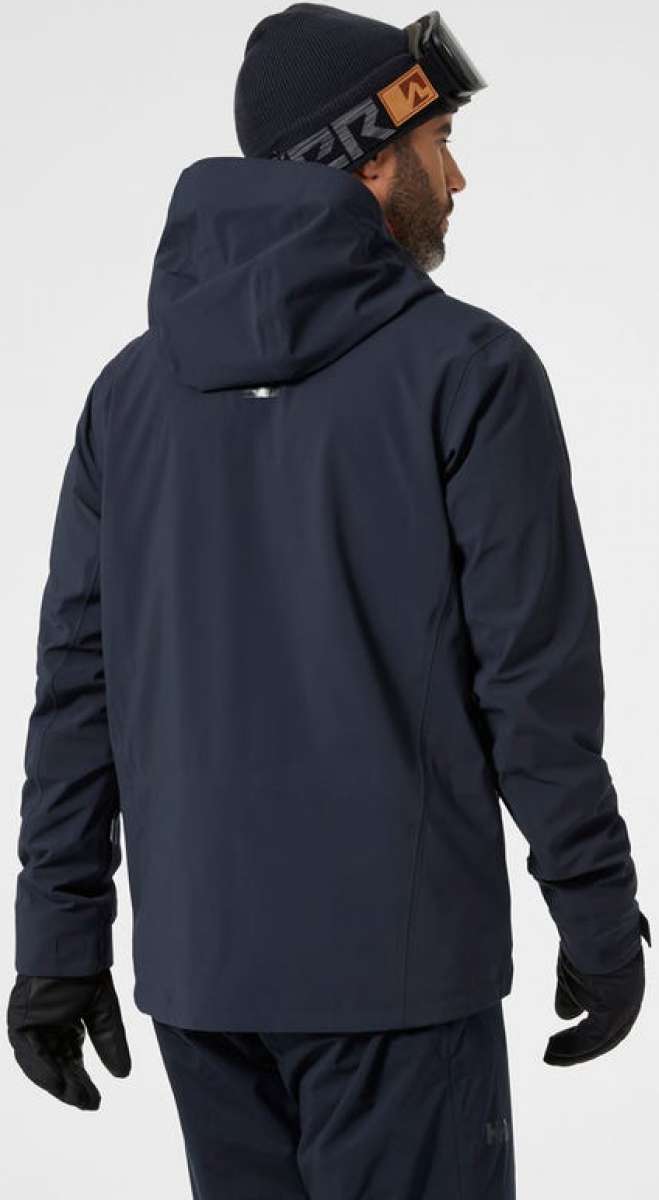 Helly Hansen Swift 3 Layer Shell Jacket - A dark gray jacket with a hood, featuring a zippered front and two zippered pockets on either side.