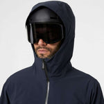 Helly Hansen - A dark blue jacket with a hood, featuring a zipper and two zippered pockets on the front.