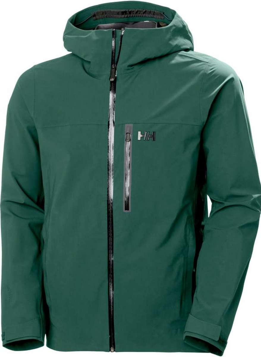 Helly Hansen - A dark green, waterproof shell jacket with a hood and zippered pockets.