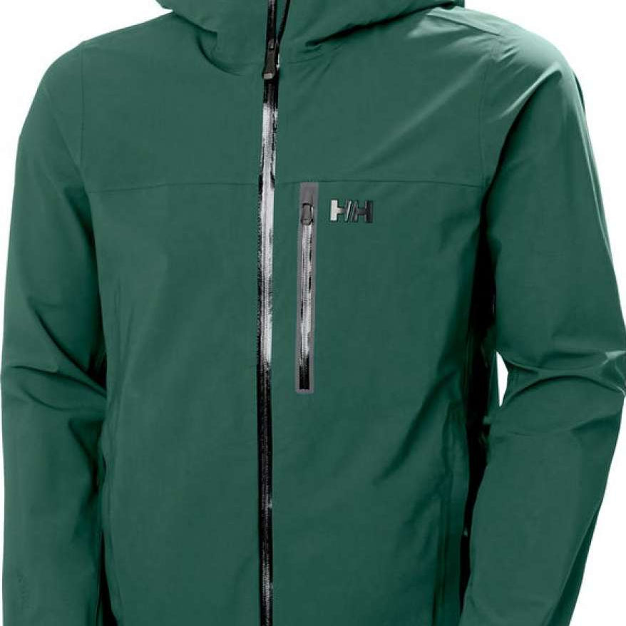 Helly Hansen - A dark green, waterproof shell jacket with a hood and zippered pockets.