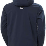 Helly Hansen Swift 3 Layer Shell Jacket 2022-2023 - A dark blue jacket with a hood, featuring a white logo on the back and a zippered pocket on the front.