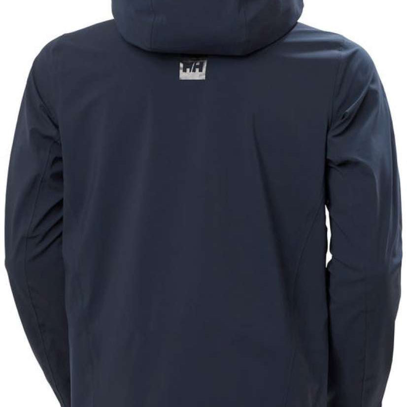 Helly Hansen Swift 3 Layer Shell Jacket 2022-2023 - A dark blue jacket with a hood, featuring a white logo on the back and a zippered pocket on the front.