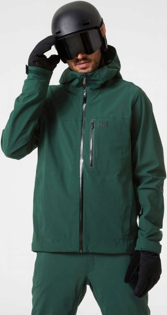 Helly Hansen - A dark green jacket with a hood, zippered pockets and a black zipper.