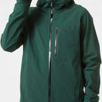 Helly Hansen - A dark green jacket with a hood, zippered pockets and a black zipper.