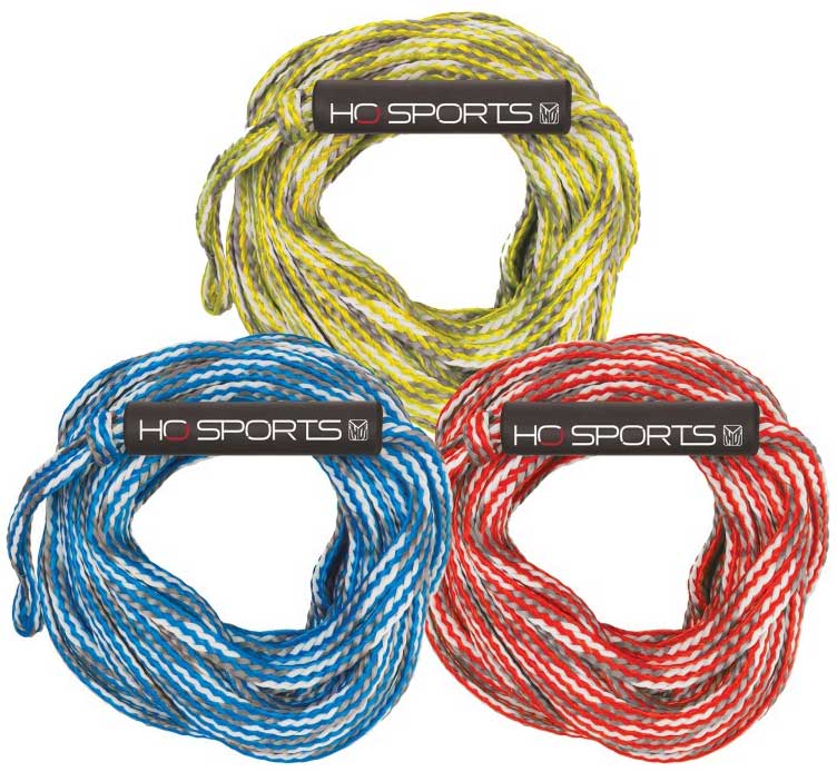 HO Sports 2K 60 Ft. Tube Rope - A yellow, gray and white rope with a tube at one end.
