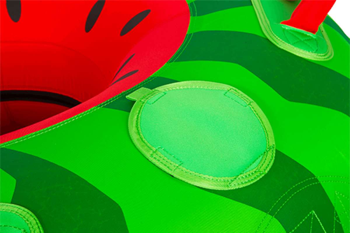 HO Watermelon Tube - Red watermelon with green rind and black seeds on a red background.