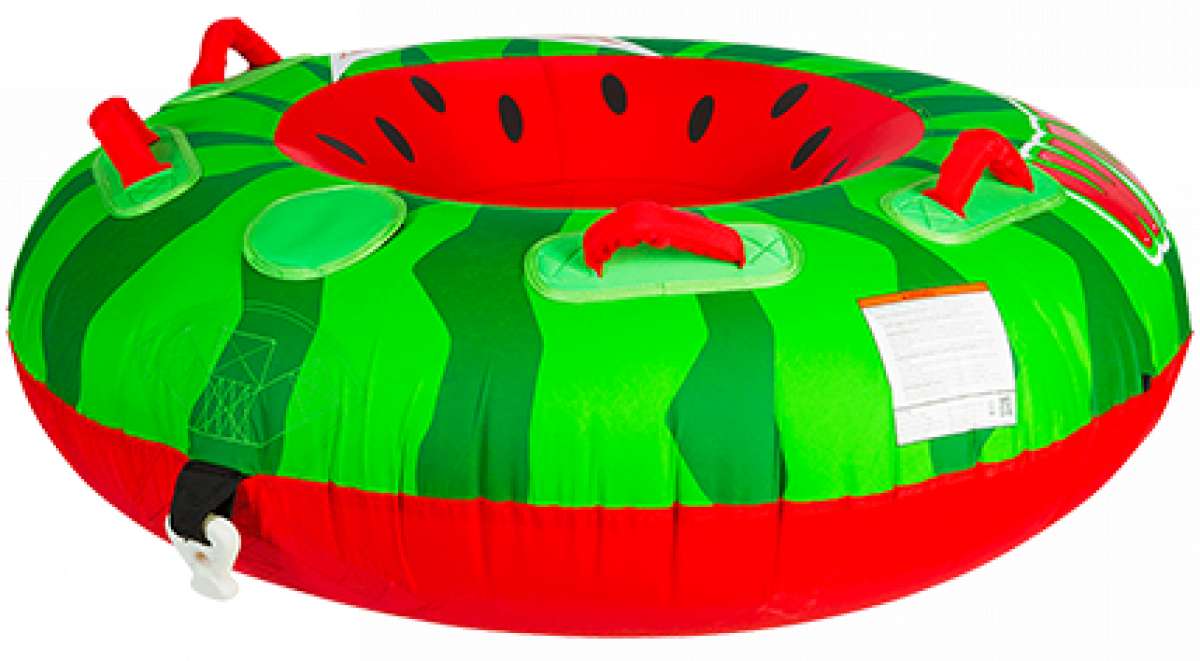 HO Watermelon Tube - A green watermelon with a red rind, featuring black seeds and a red handle on top.