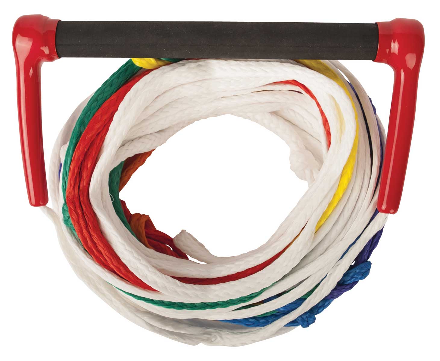 HO Sports Power Grip Package 5 Sections - A red, black, and gray rope with five sections of different lengths is coiled around a black bar.