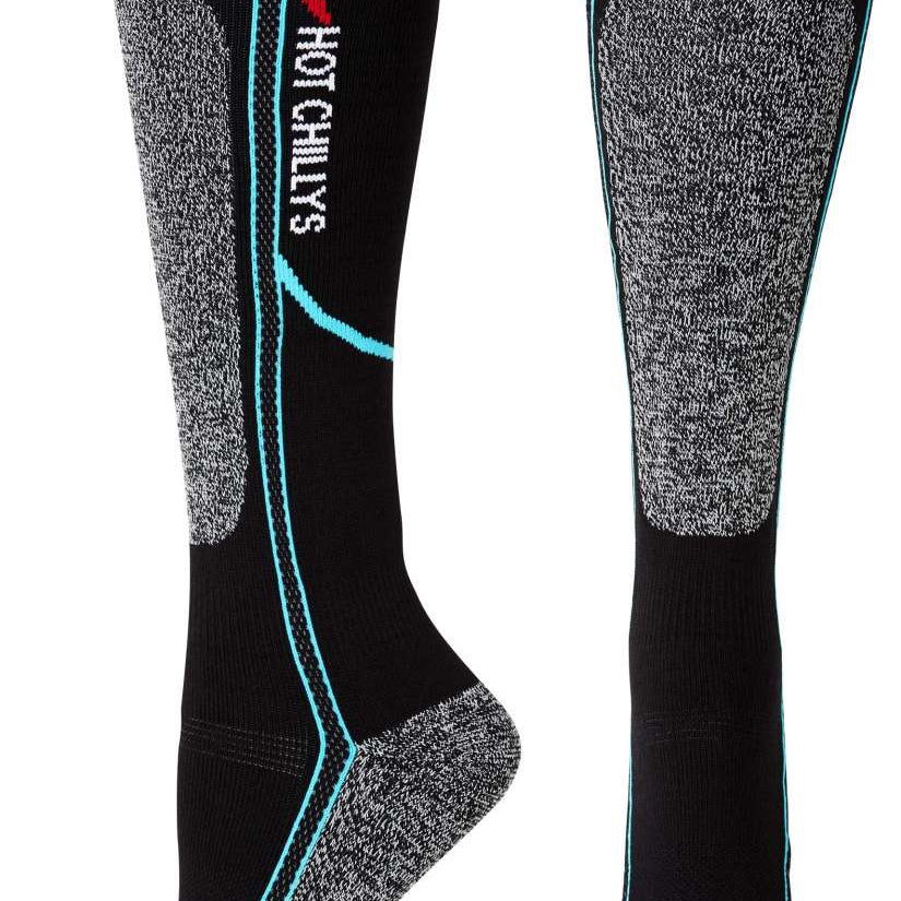 Hot Chilly Women's Elite Heat Low Volume Sock 2024 - Black and gray low-cut sock with a red chili pepper logo on the top of the foot.