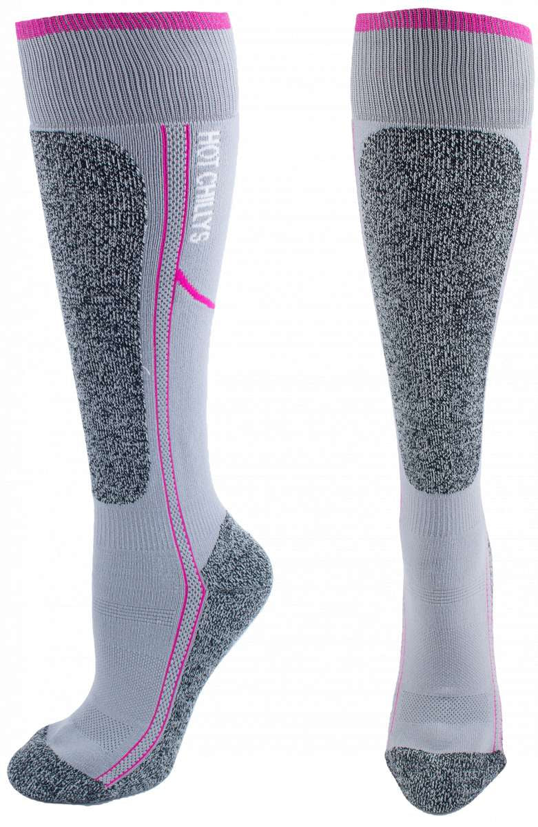 Hot Chilly Women's Elite Heat Low Volume Sock 2024 - A pair of gray socks with a pink stripe at the top and a textured pattern on the foot.