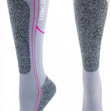 Hot Chilly Women's Elite Heat Low Volume Sock 2024 - A pair of gray socks with a pink stripe at the top and a textured pattern on the foot.