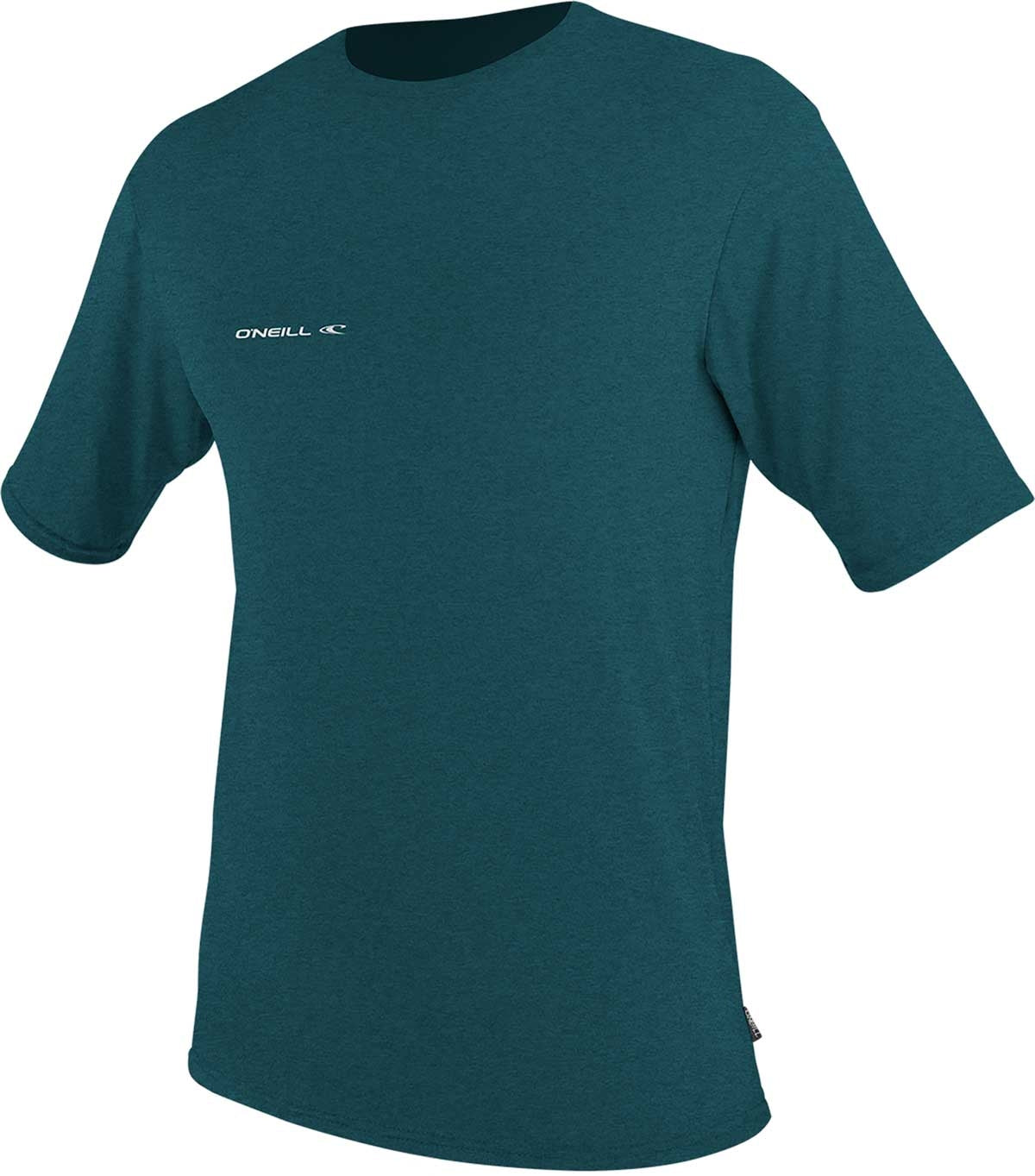 O'Neill Men's Hybrid Short Sleeve Sun Shirt 2019 - A short-sleeved, dark green shirt with a subtle white logo on the left chest and a small tag on the bottom right corner.