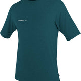 O'Neill Men's Hybrid Short Sleeve Sun Shirt 2019 - A short-sleeved, dark green shirt with a subtle white logo on the left chest and a small tag on the bottom right corner.