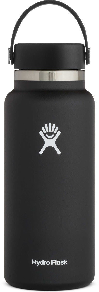 Hydro Flask - A water bottle with a wide mouth opening, featuring a silver lid and handle on top.