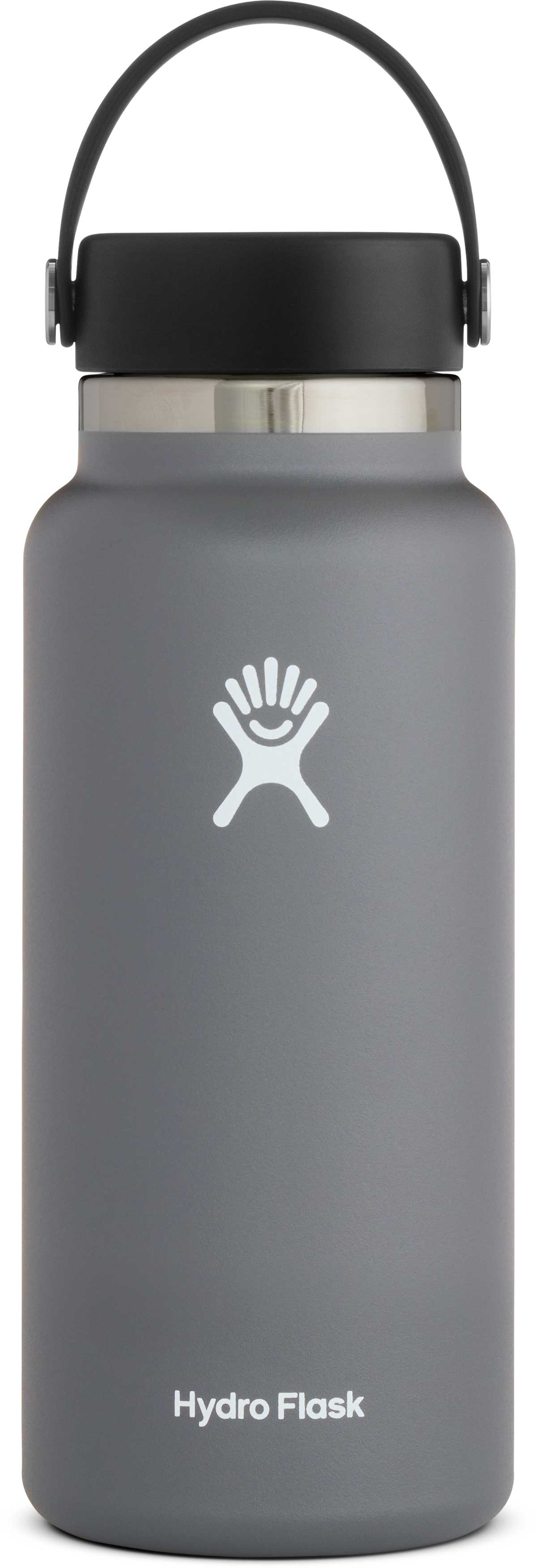 Hydro Flask 32oz Wide Mouth Water Bottle - A gray water bottle with a wide mouth and a black lid, featuring a white logo on the side.