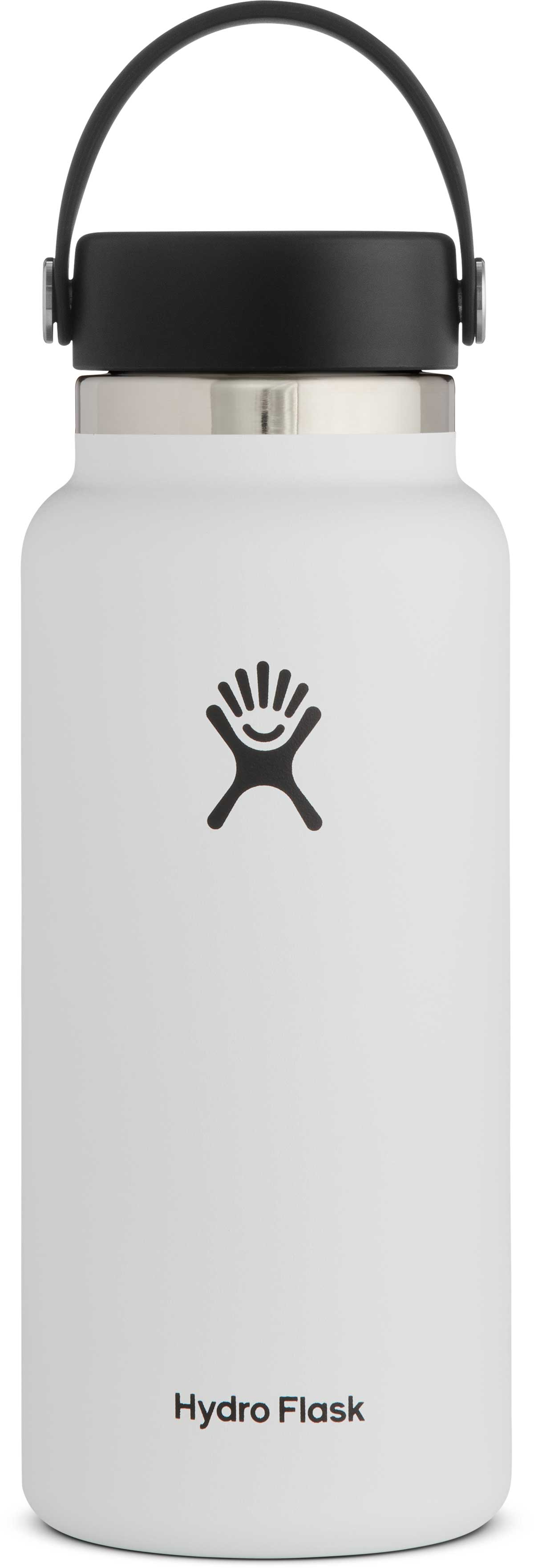 Hydro Flask 32oz Wide Mouth Water Bottle - A white water bottle with a black lid and handle, featuring a wide mouth opening.