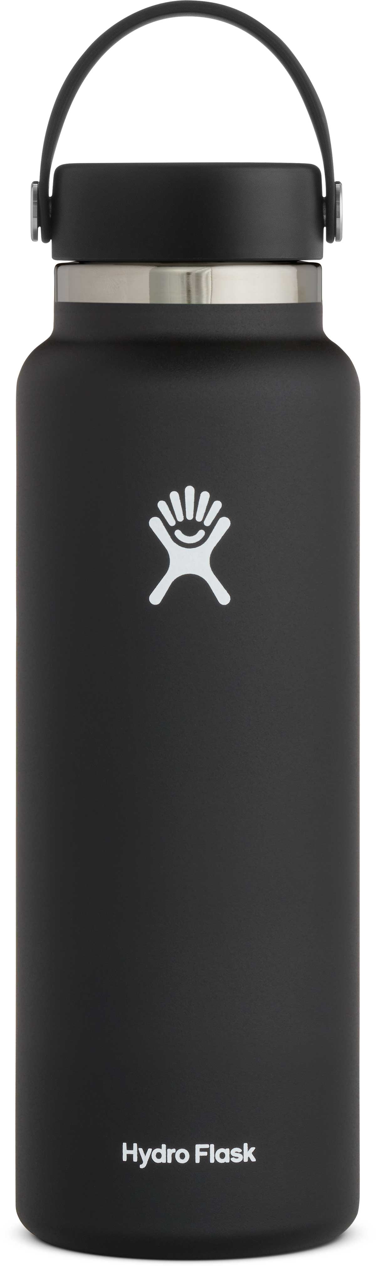 Hydro Flask 40oz Wide Mouth Water Bottle - A black water bottle with a wide mouth and a handle on top, featuring a white logo of a handprint with lines extending from each finger.
