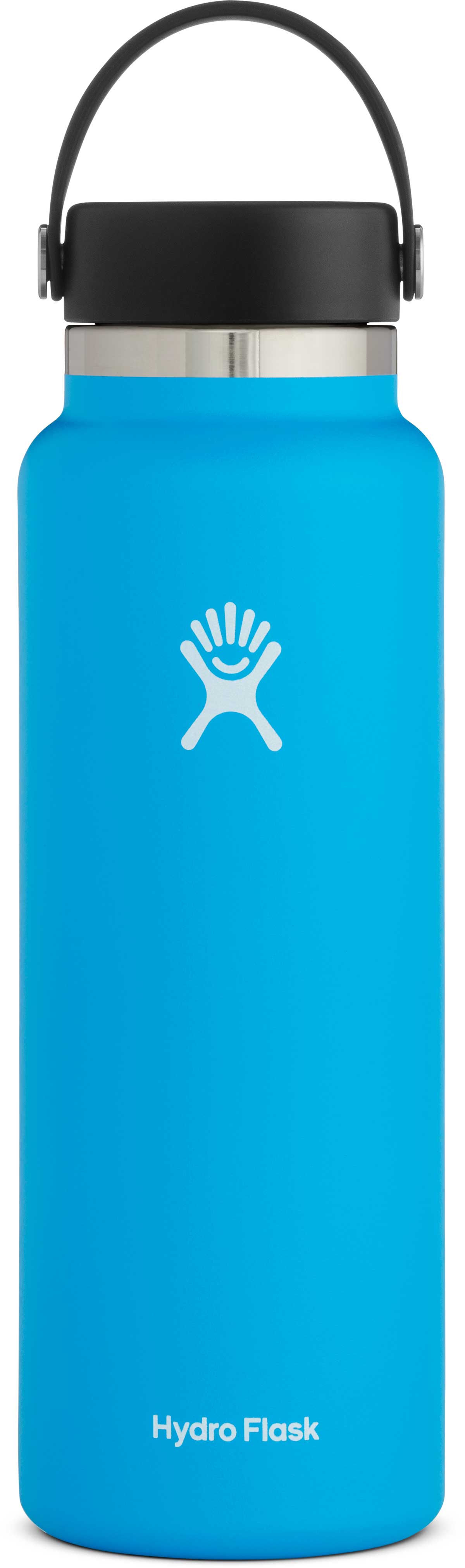 Hydro Flask - A wide-mouth water bottle with a screw-on lid, featuring a silver metal finish and a clear plastic body.