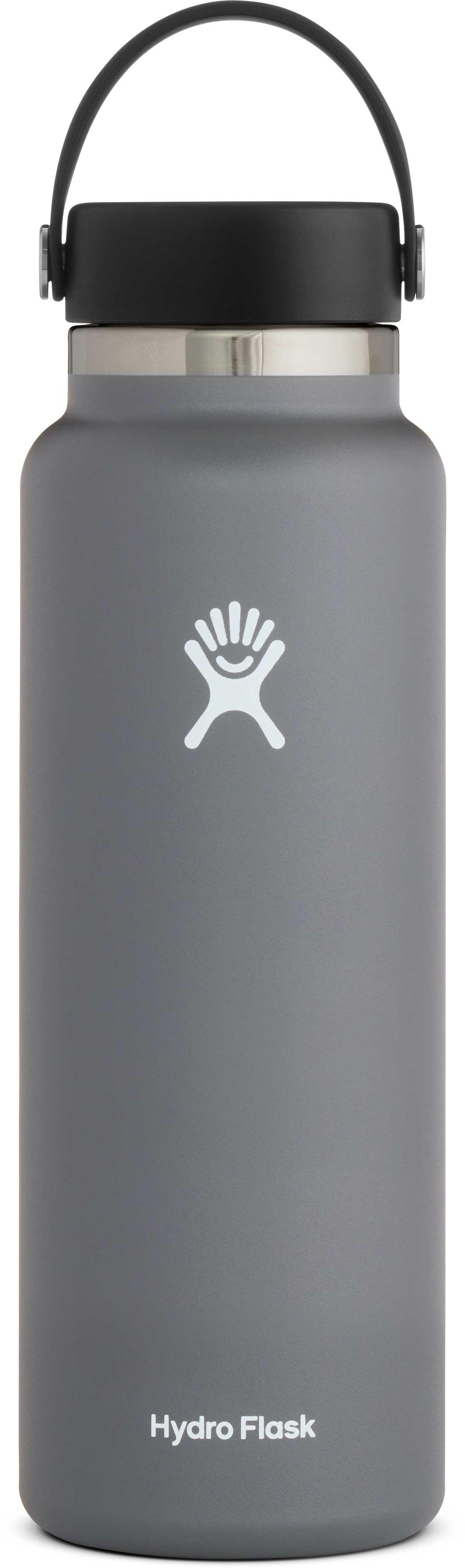 Hydro Flask - A wide-mouth water bottle with a gray lid, featuring a white logo on the side and a gray body.