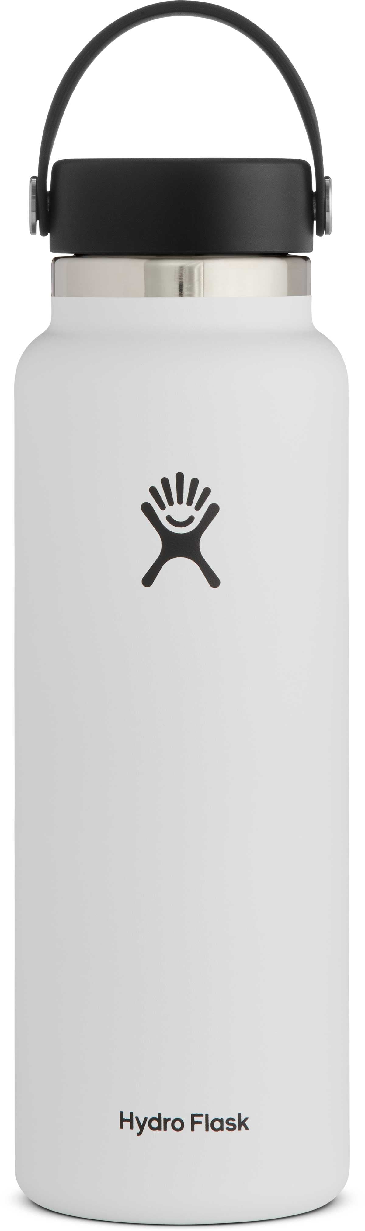 Hydro Flask 40oz Wide Mouth Water Bottle - A white water bottle with a black lid and handle, featuring a wide mouth opening.
